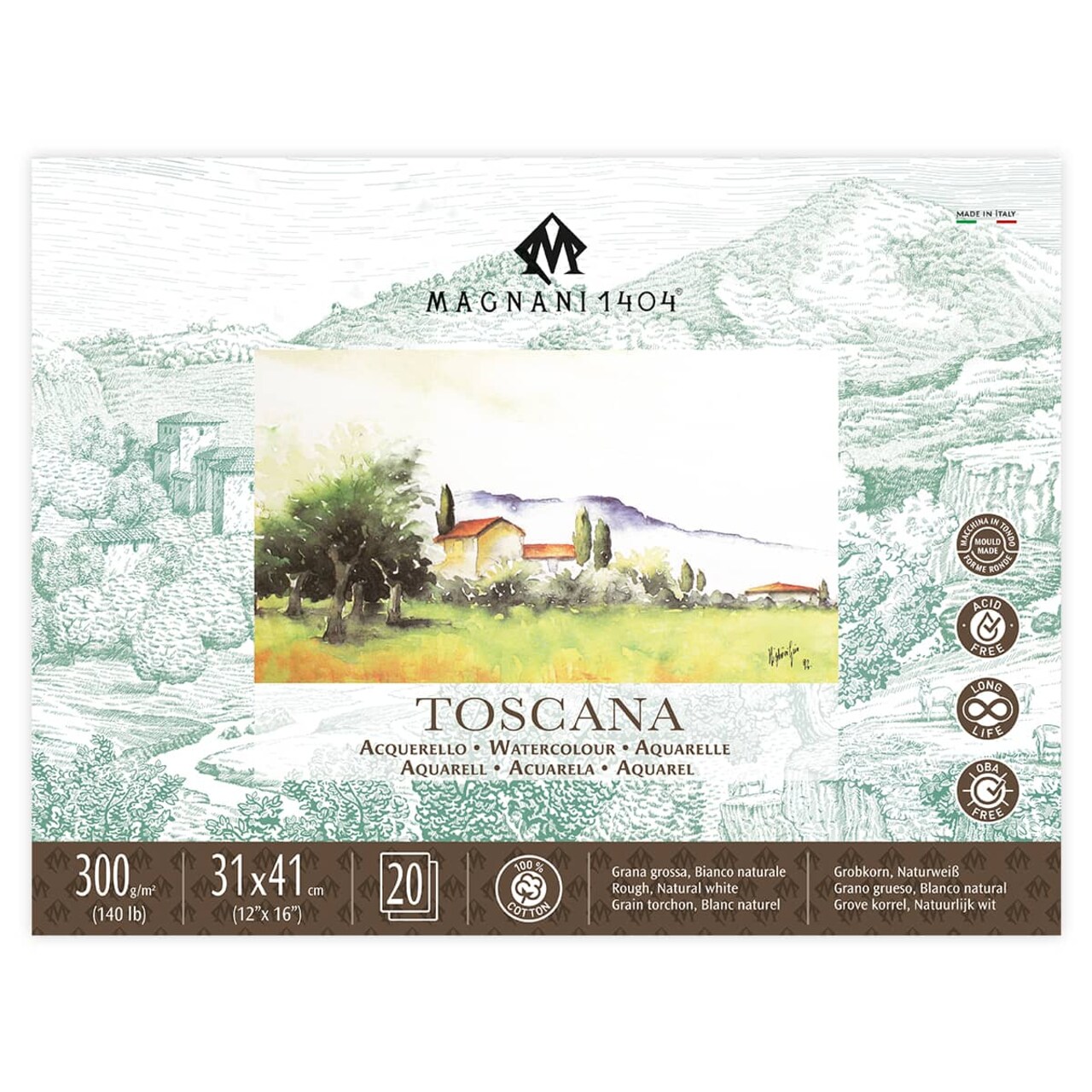 Magnani 1404 Toscana Rough 100% Cotton Watercolor Paper Block, 20 Sheets, 140 lb, Acid-Free, UV Resistant, Vegan Sized Water Color Paper for Artists, Made in Italy